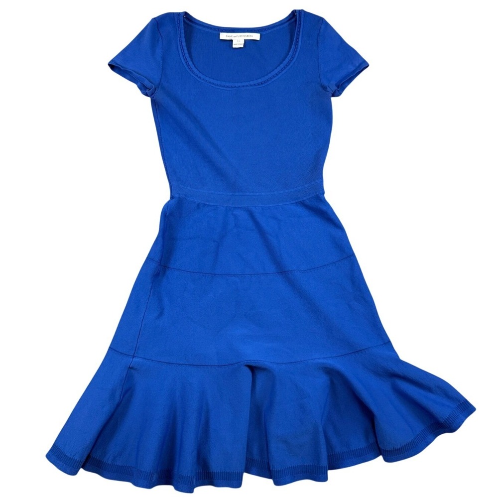 Diane von Furstenberg DVF‎ Cobalt Blue Ribbed Knit Tiered Fit & Flare Dress P/S